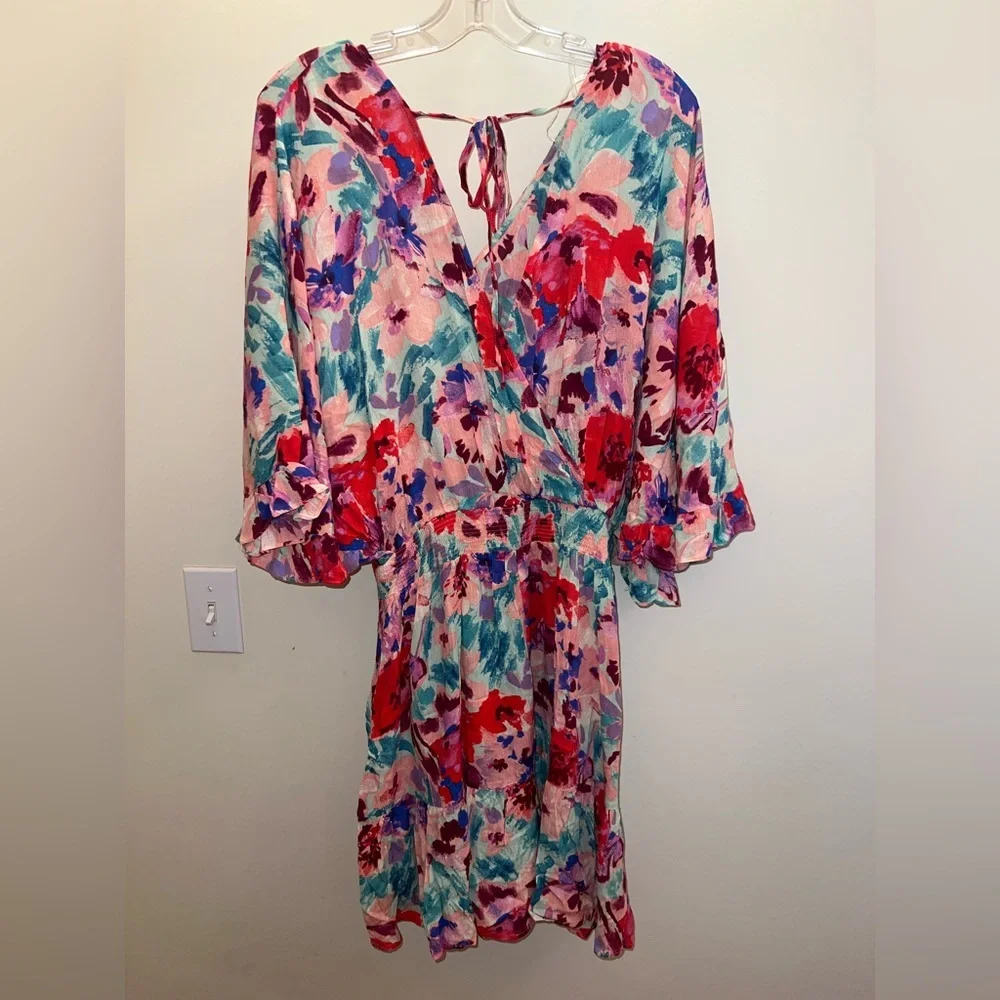 Easel Floral Tie-Back Mini Dress - Red, Pink, Blue - Picture 2 of 7